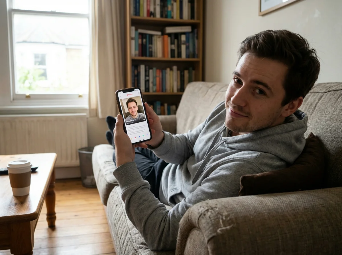 Young man reviewing a Bumble profile and preparing to send the perfect opening message