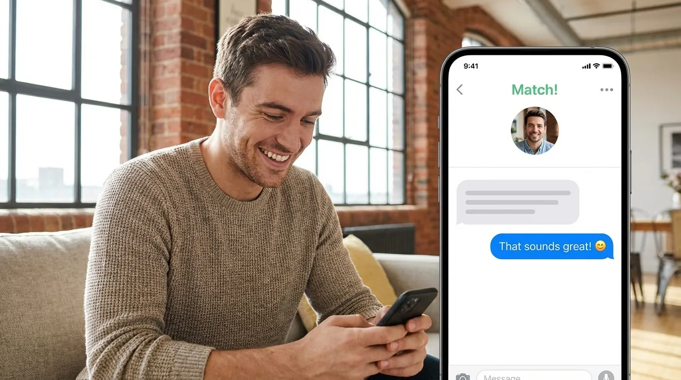 Man smiling while reading a Bumble conversation on his phone, successfully moving from match to date