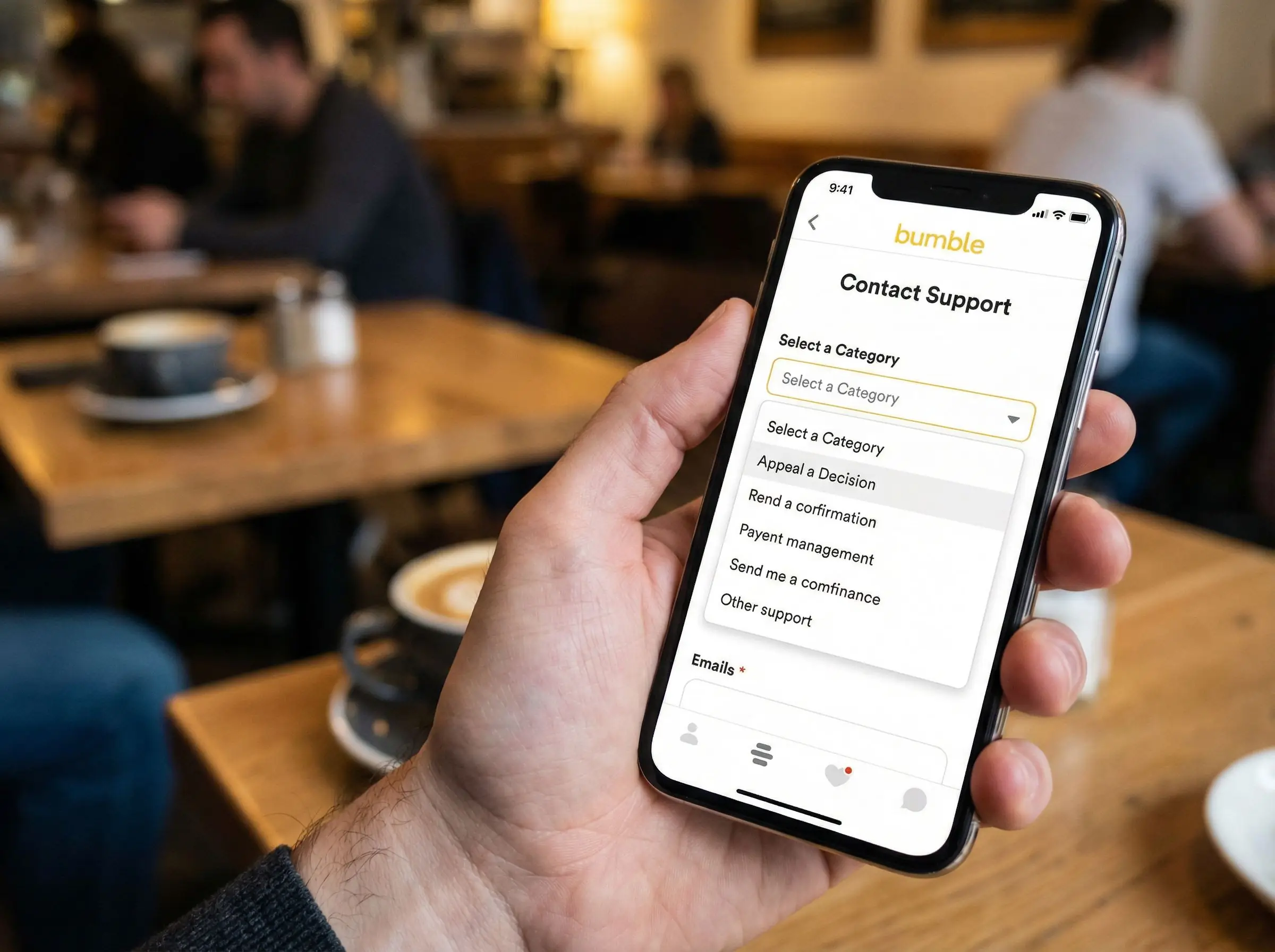 Bumble support appeal form interface on smartphone for flagged profile recovery