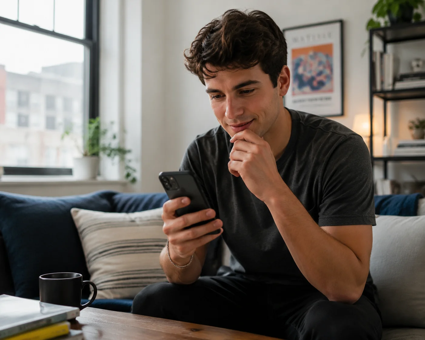 Man choosing a personalized Bumble first message while reviewing a match's profile