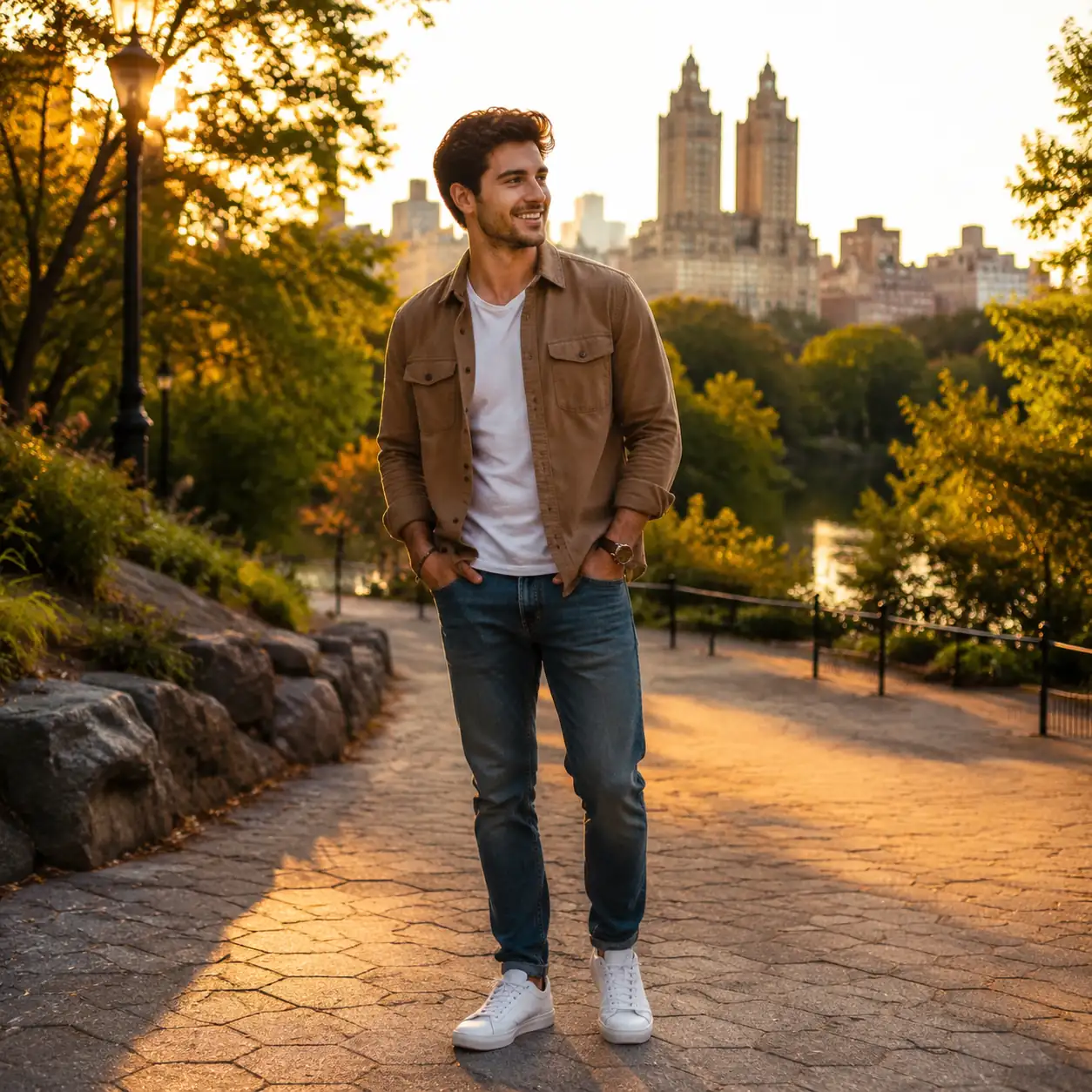 Example of a full-body outdoor Bumble photo showing build, outfit, and real environment