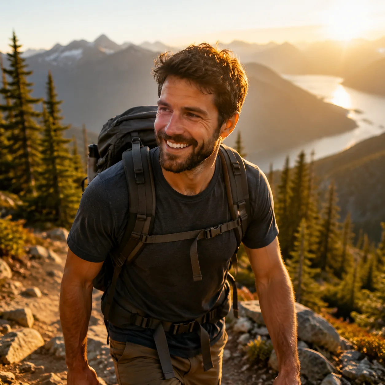 Candid hiking activity photo showing personality and lifestyle for a Bumble profile lineup