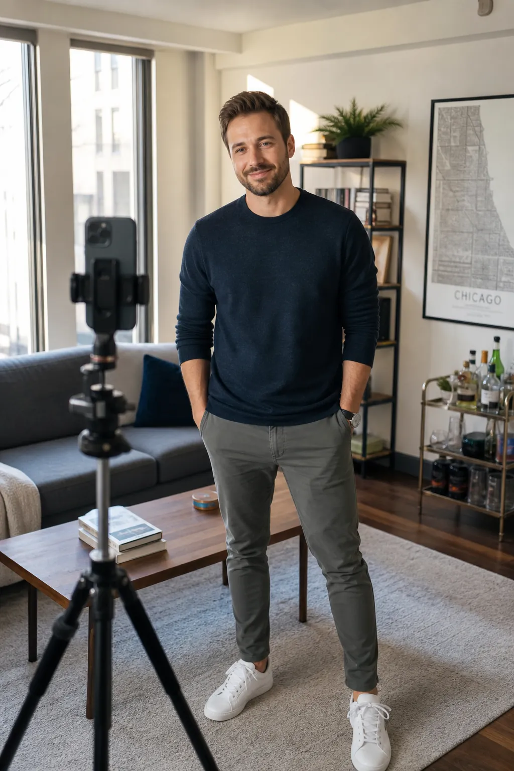 Man setting up a phone self-timer at home to take casual dating profile photos without a photographer