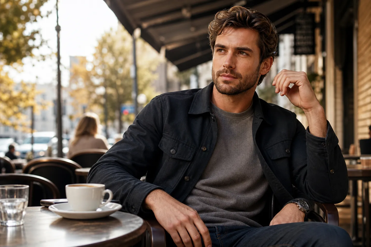 Confident man in a casual outdoor setting showing a natural expression ideal for dating app profiles