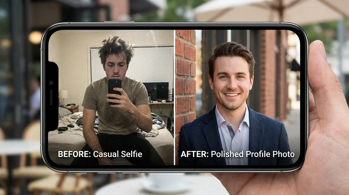 Side by side comparison showing casual selfie versus AI-optimized dating photo for Coffee Meets Bagel profile upgrade