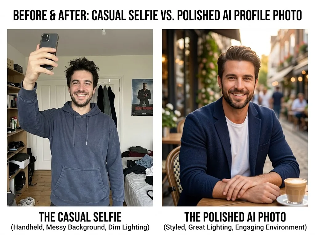 Before and after comparison of a casual selfie transformed into a professional AI dating photo using DatePhotos.AI