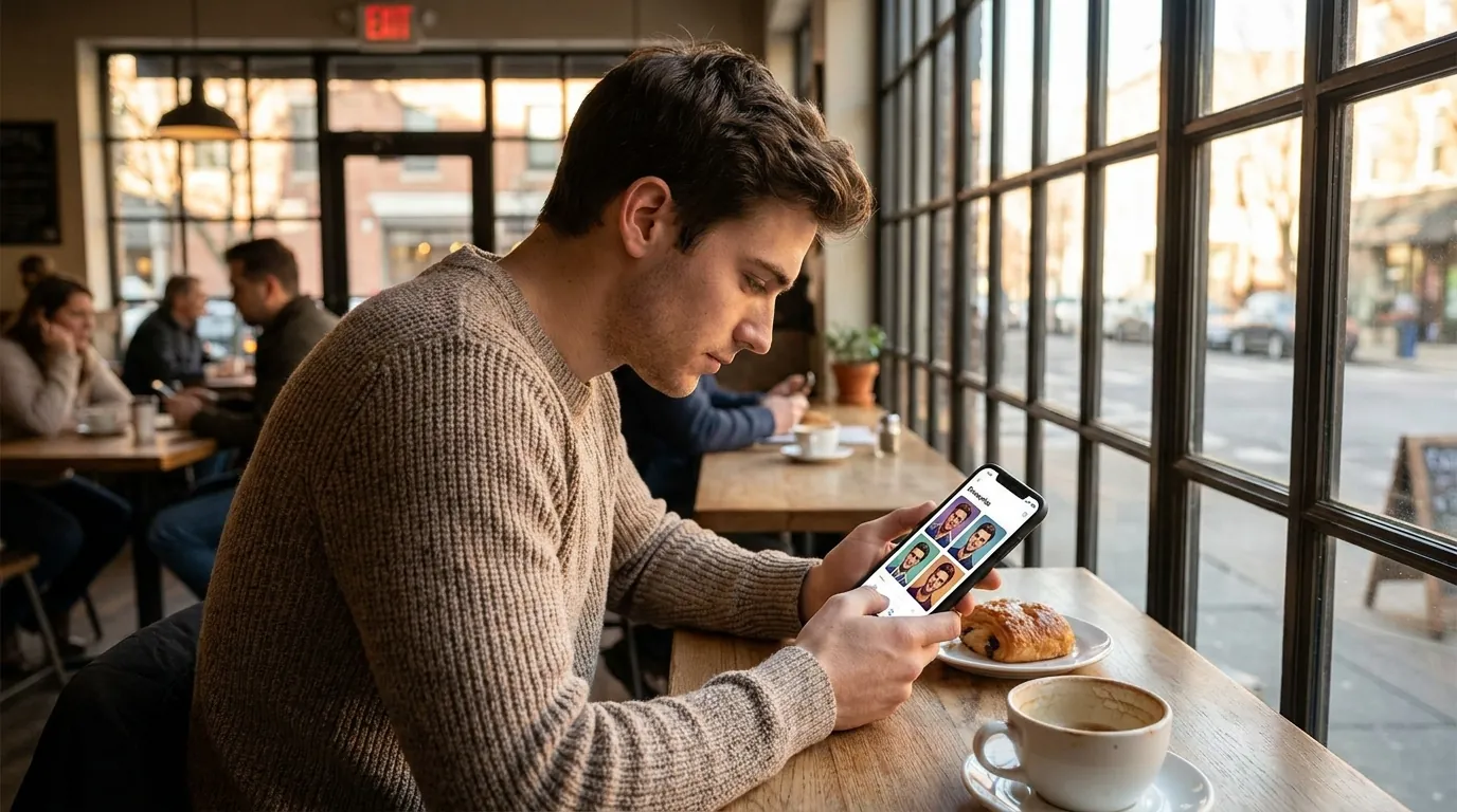 Young man reviewing his AI-generated dating profile photos on a smartphone, selecting the best shots for Tinder and Hinge