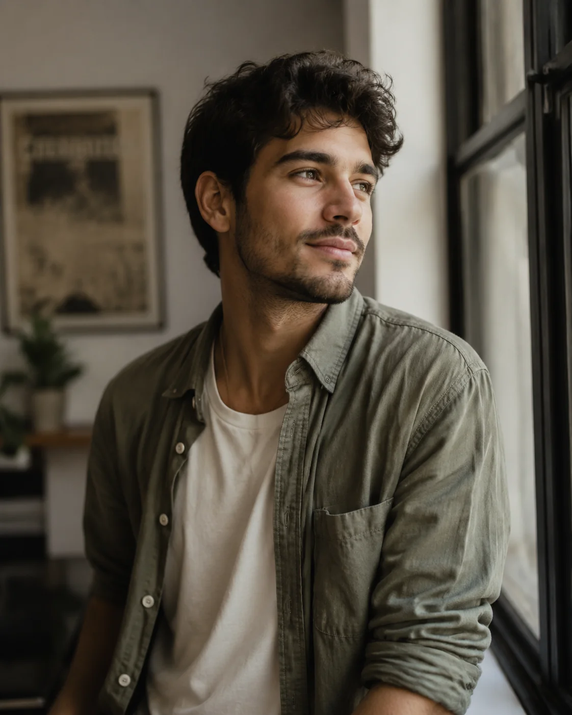 Man posed at a three-quarter angle in soft window light showing flattering dating photo angles