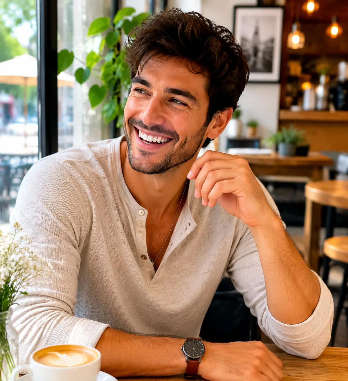 Man laughing in a tidy cafe setting as an example of wardrobe, scene, and expression done right