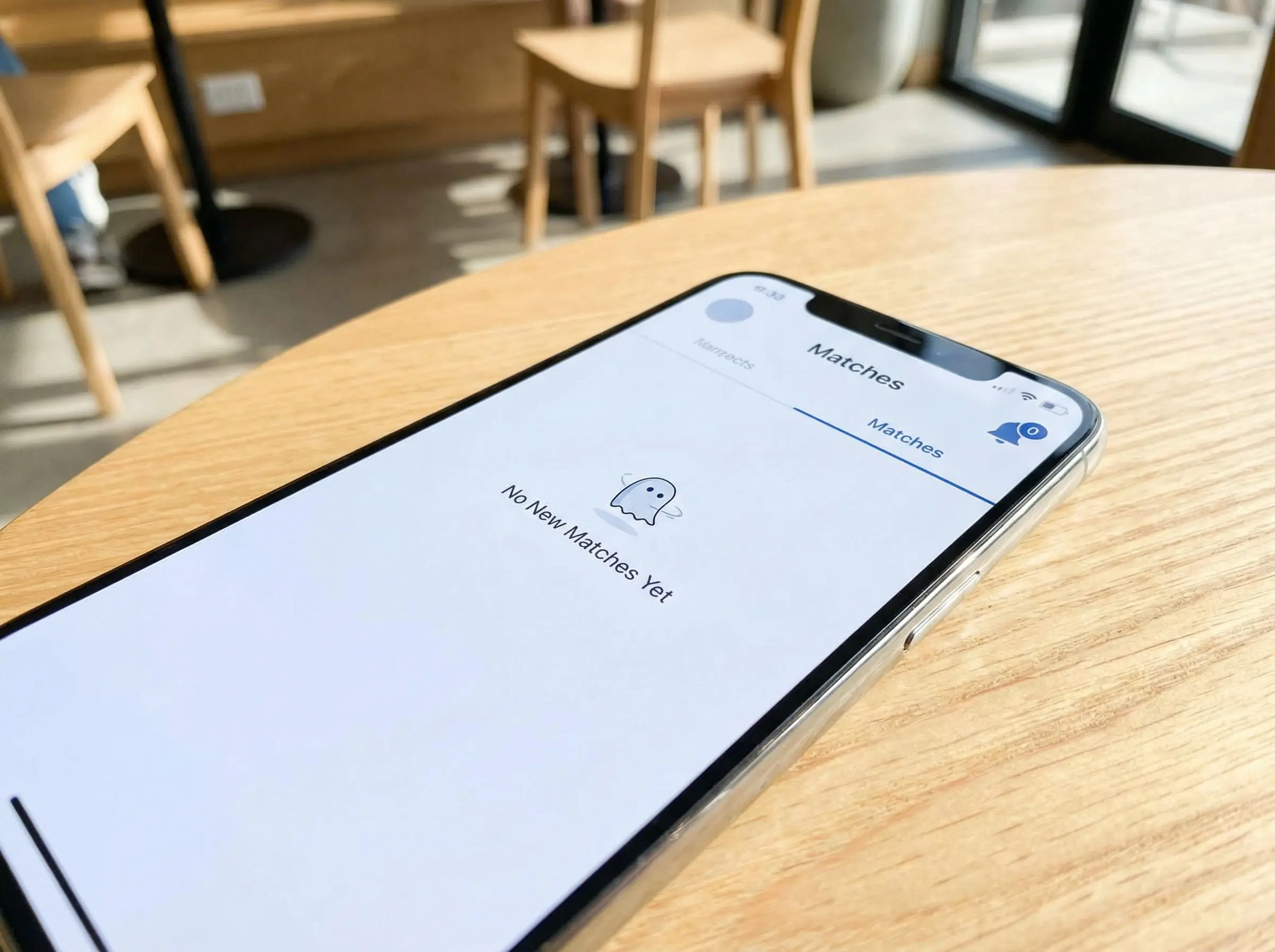 Dating app screen displaying empty match queue and zero profile views indicating shadowban