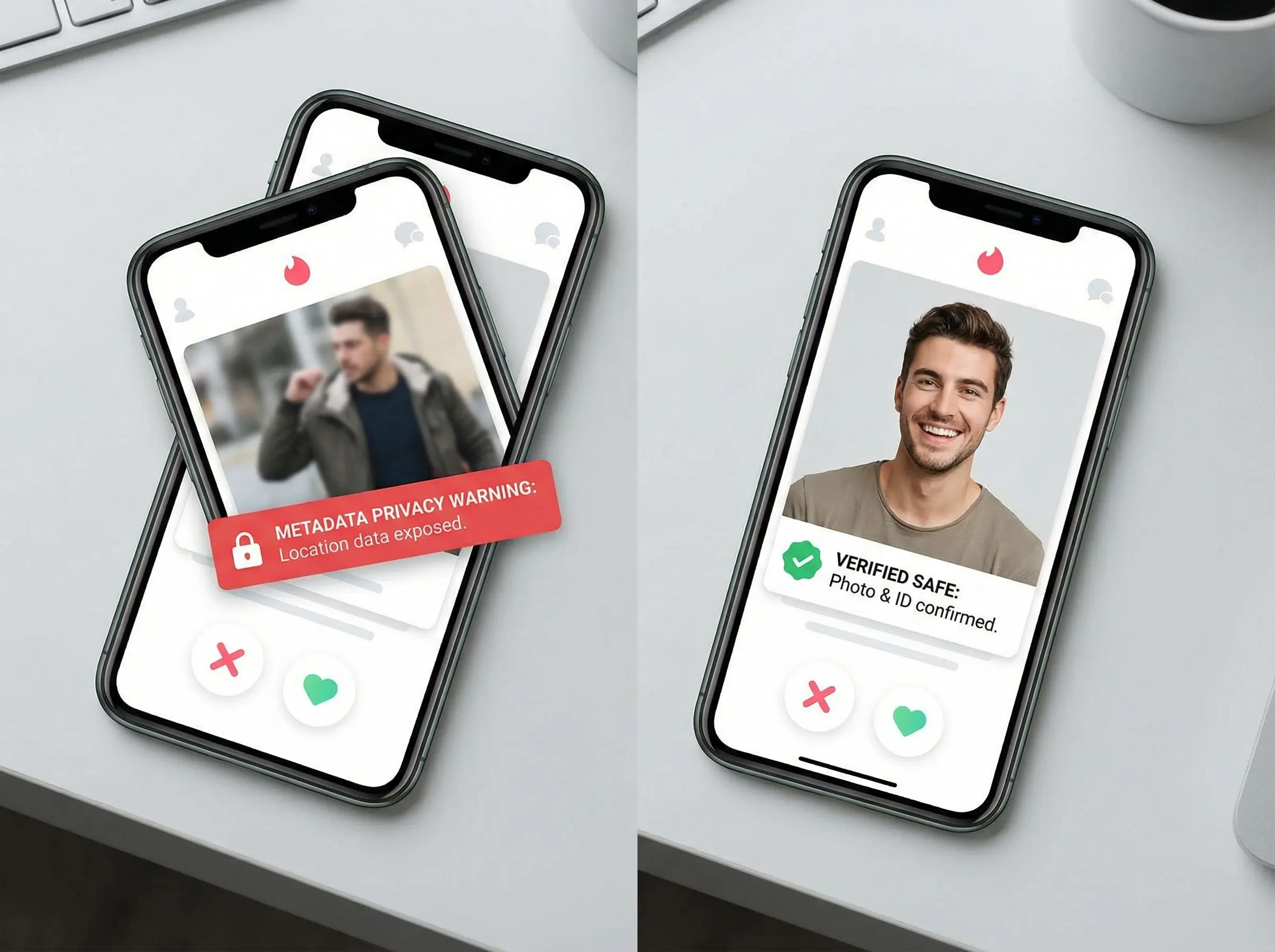 Dating photo metadata privacy comparison showing safe versus unsafe photo uploads