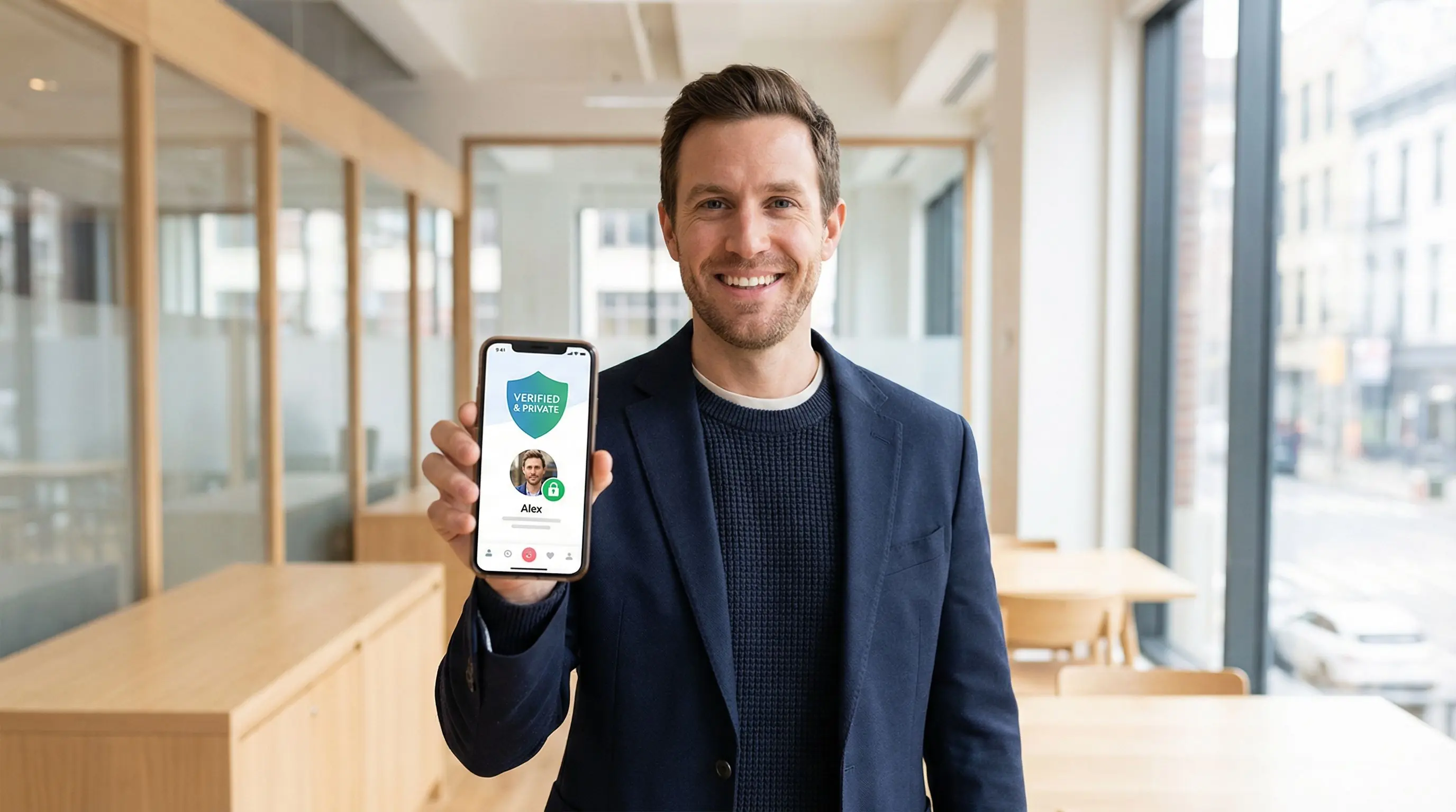 Man securely managing dating profile photos with privacy protection enabled on mobile app