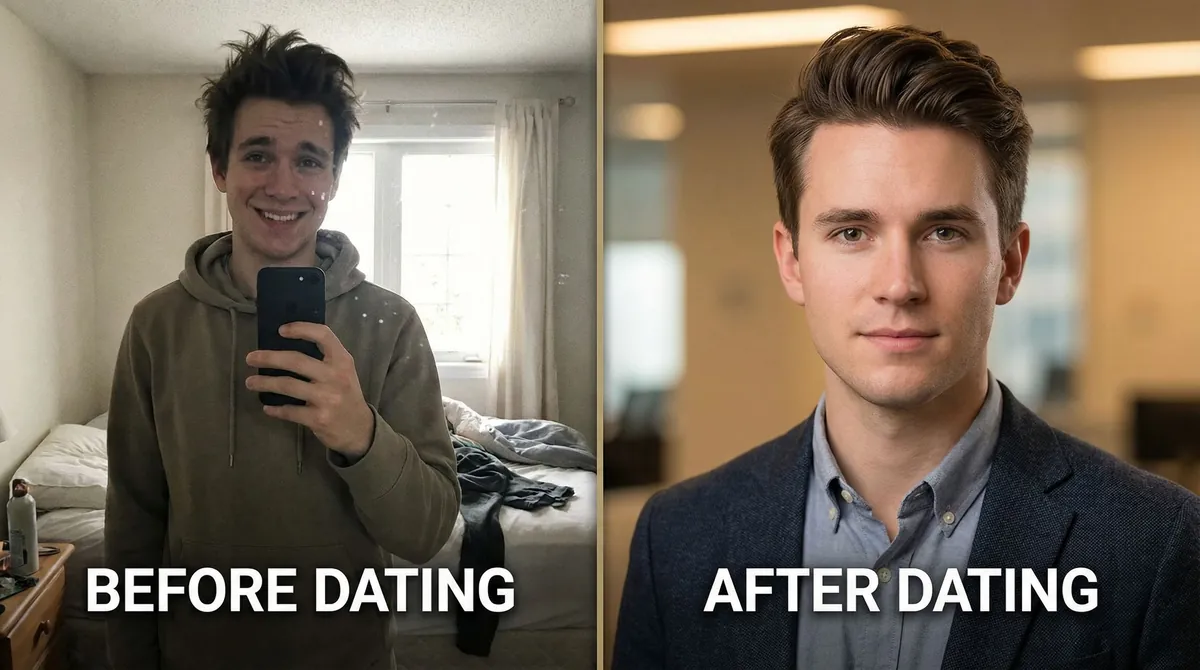 Before and after comparison showing remote worker's transformation from casual selfie to professional AI-optimized dating photo
