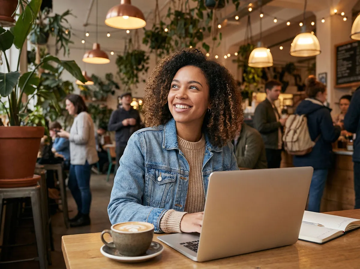 Remote worker at coffee shop creating authentic dating photo that shows work-life balance and social engagement