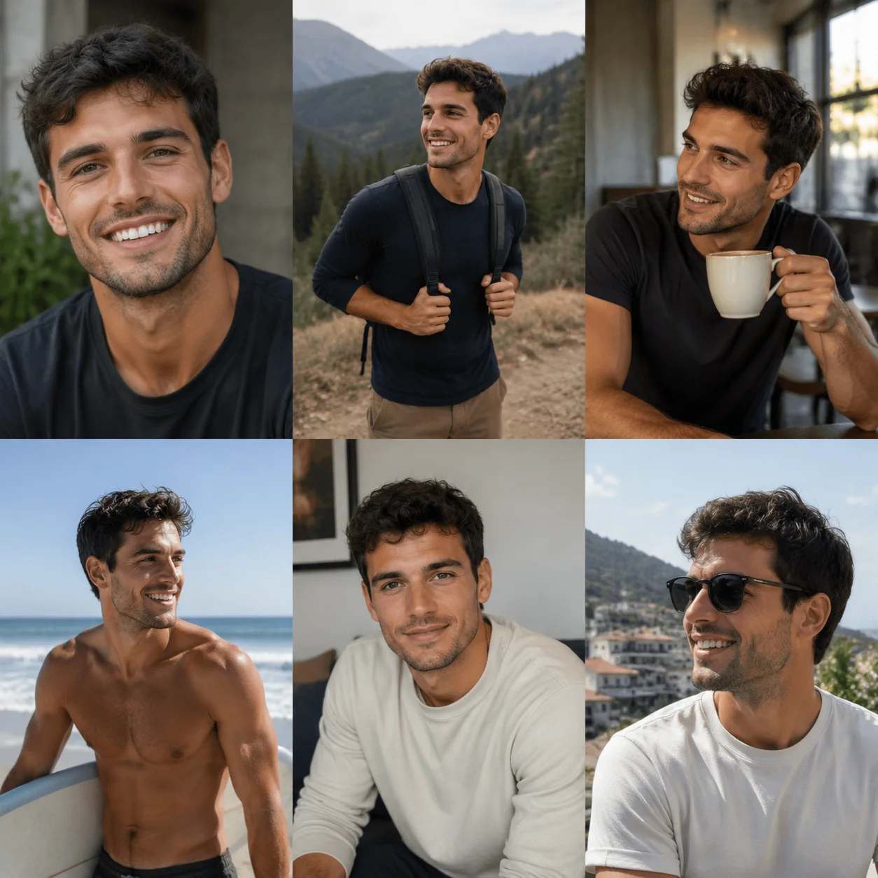 Six-photo dating profile lineup showing natural examples for male dating app users