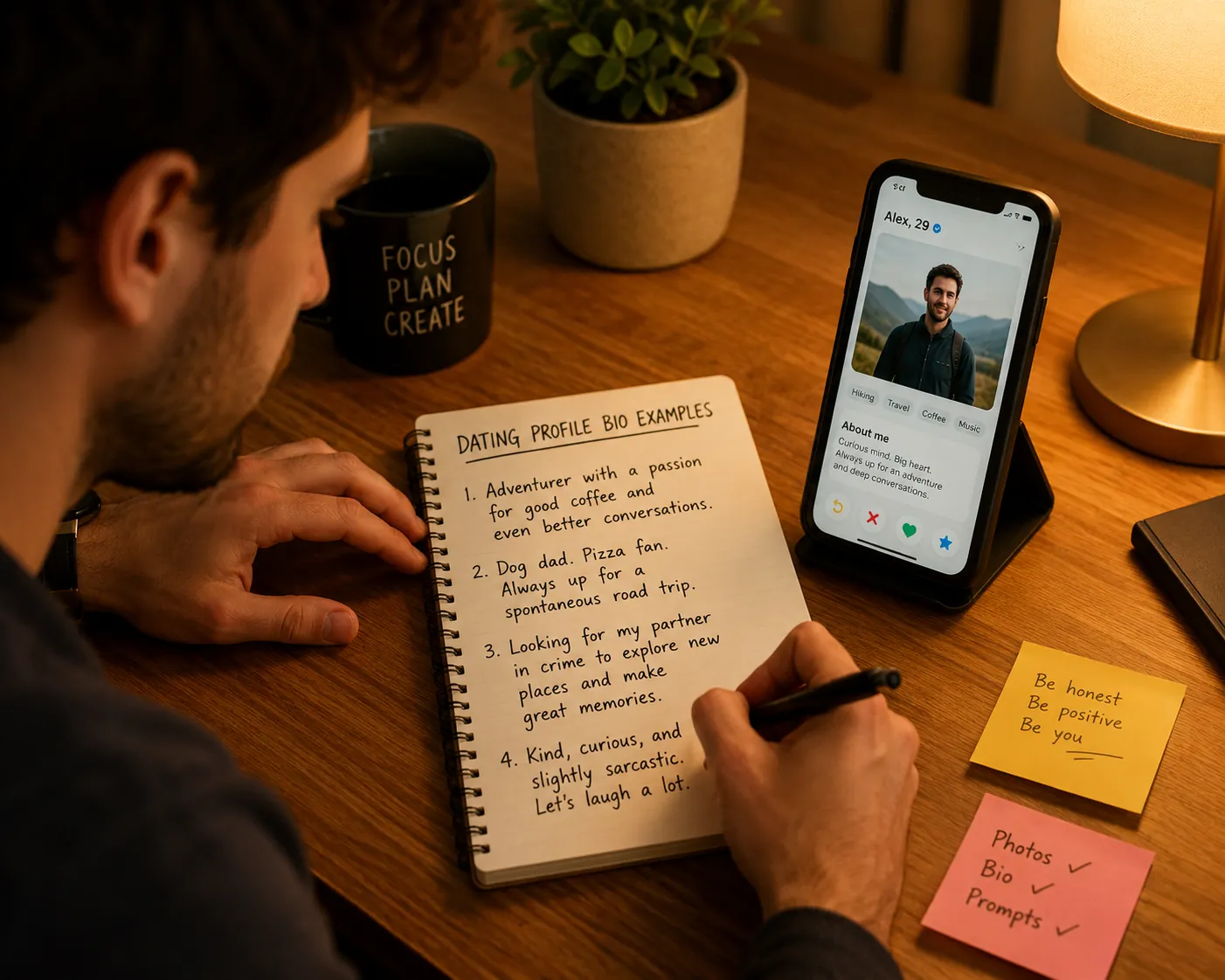 Man writing dating profile bio examples that match his app photos and prompts
