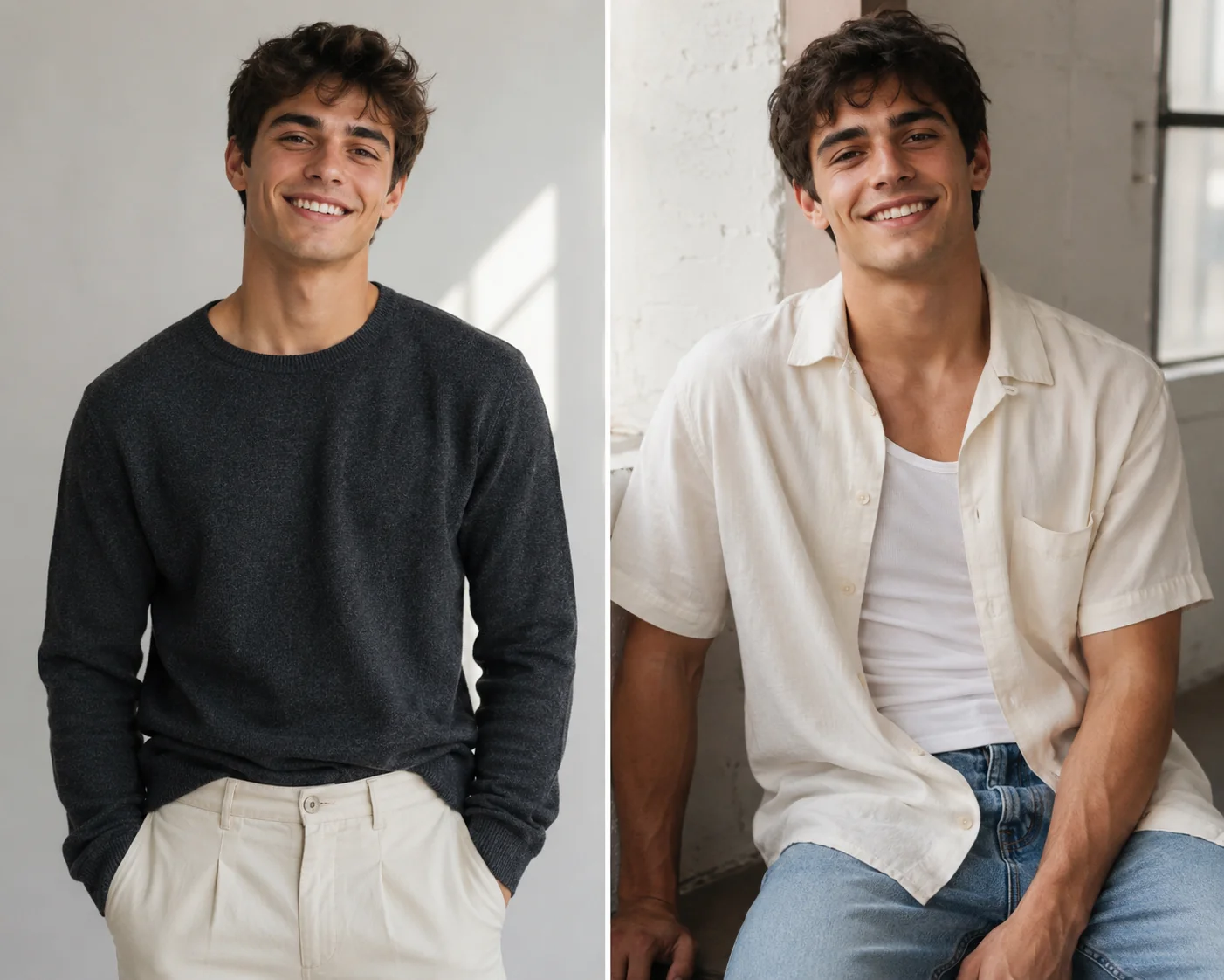 Young man shown in two wardrobe looks illustrating dating photoshoot outfit variety