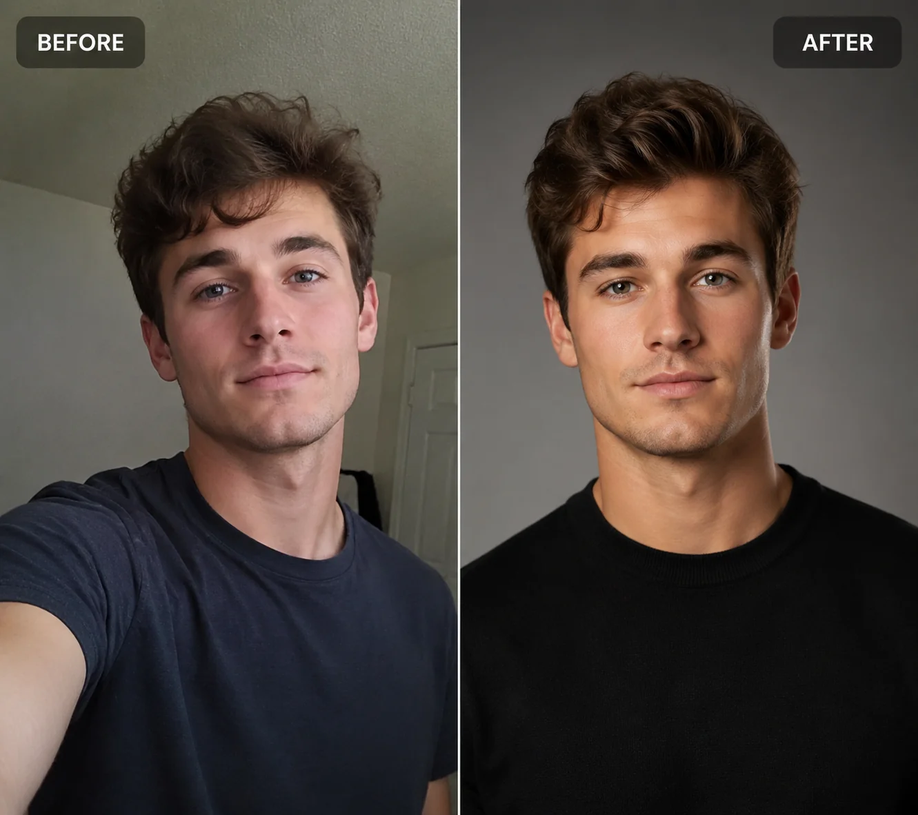 Casual selfie transformed into a studio-quality AI dating profile photo for a man