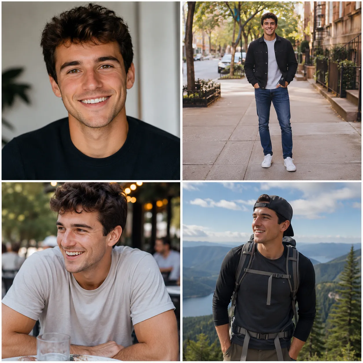 Example dating profile picture lineup showing a headshot, full-body, candid, and hobby photo of one man