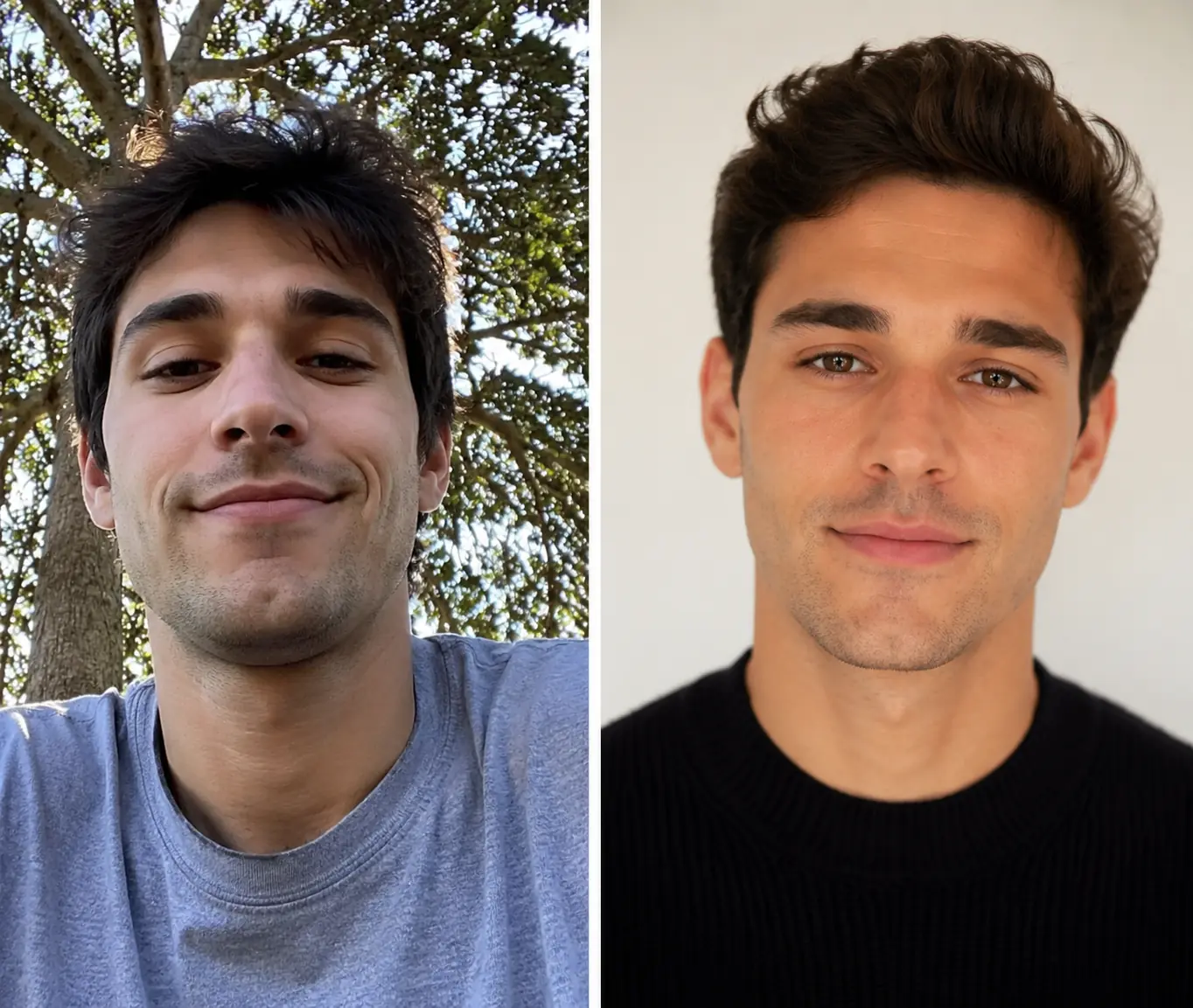 Before and after dating profile picture example comparing a casual selfie to a clear solo headshot