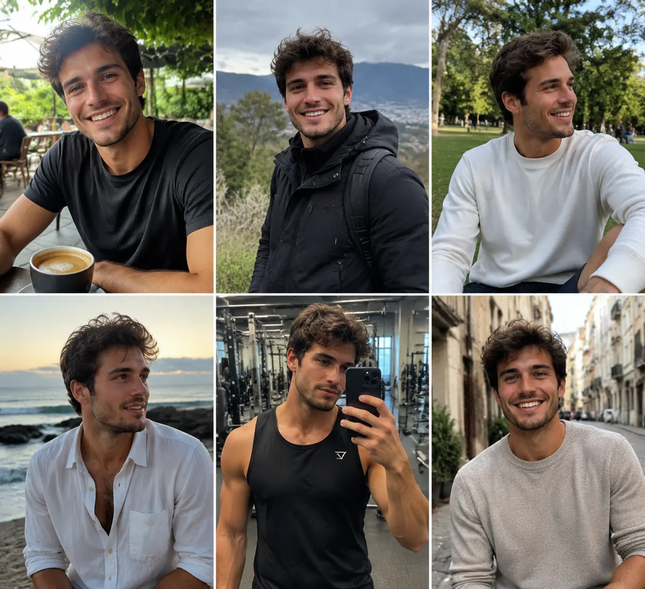 Side-by-side dating profile lineup audit showing trust signals across six photos for a man