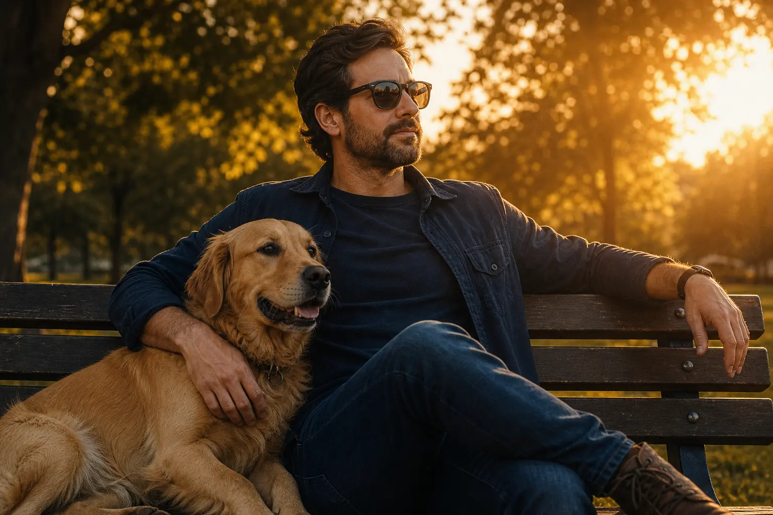 Man relaxing on a park bench with his dog during golden hour showing natural warmth and confidence