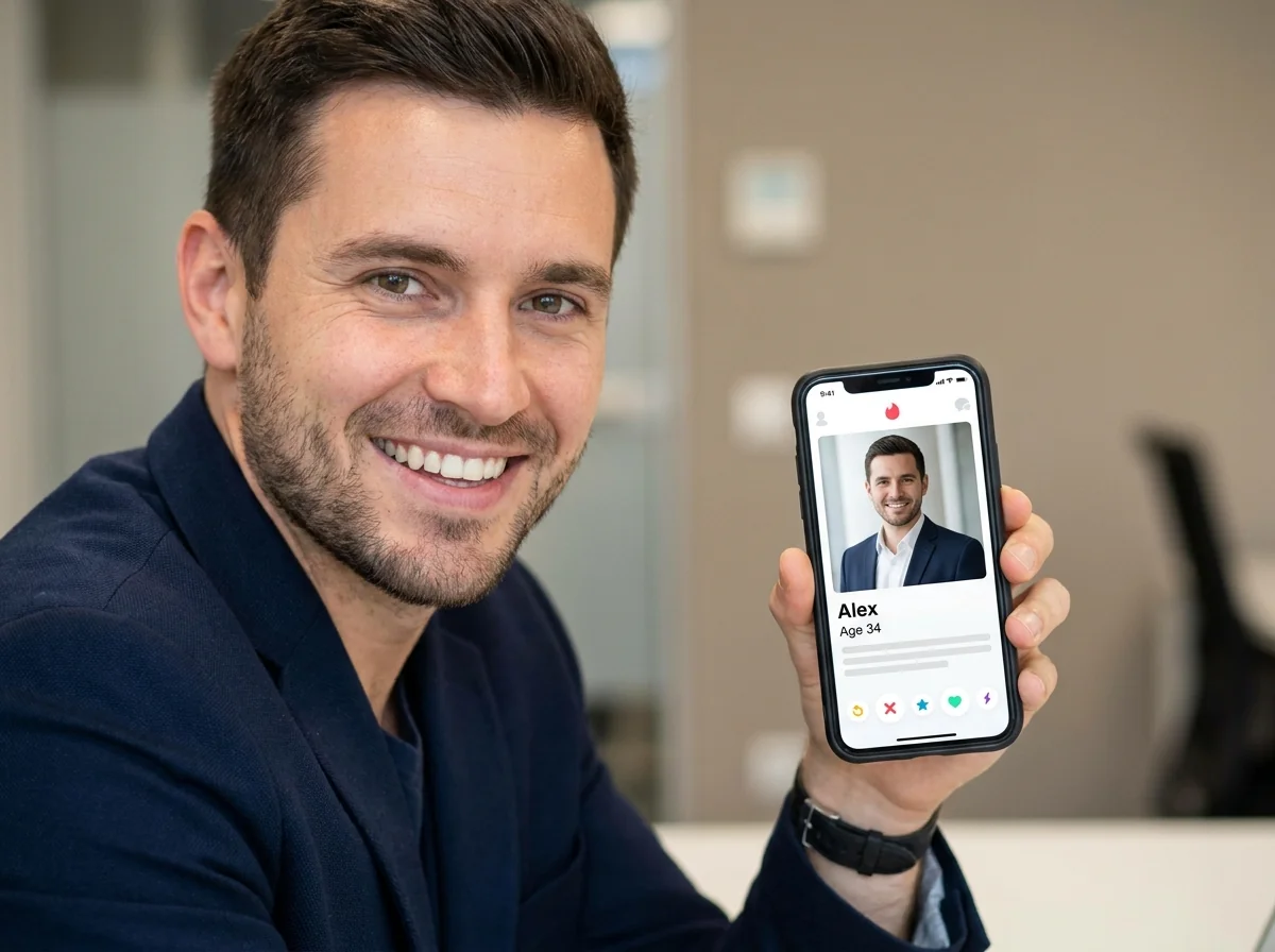 High-quality AI-generated dating profile photo of a confident man, showing realistic likeness and natural lighting