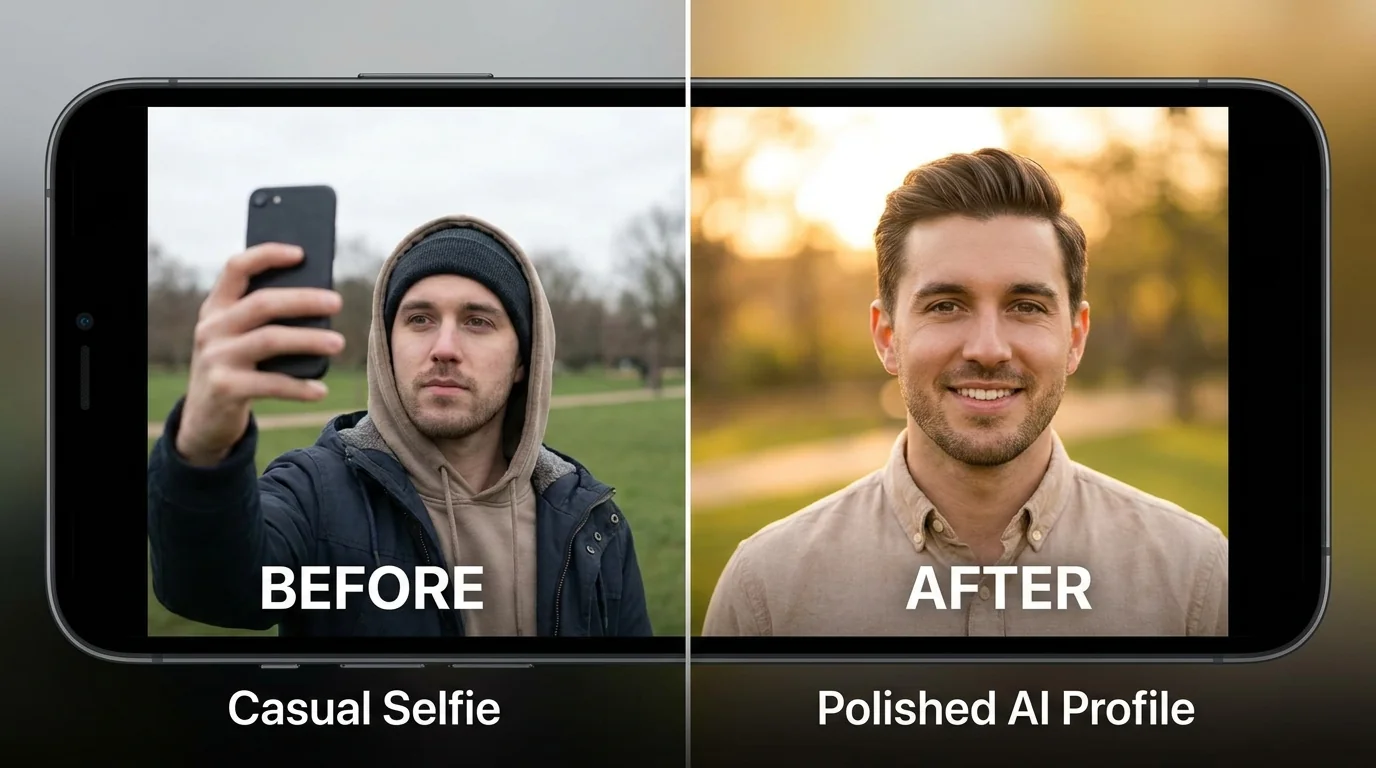 Side-by-side comparison of casual selfie versus AI-optimized dating profile photo showing quality difference