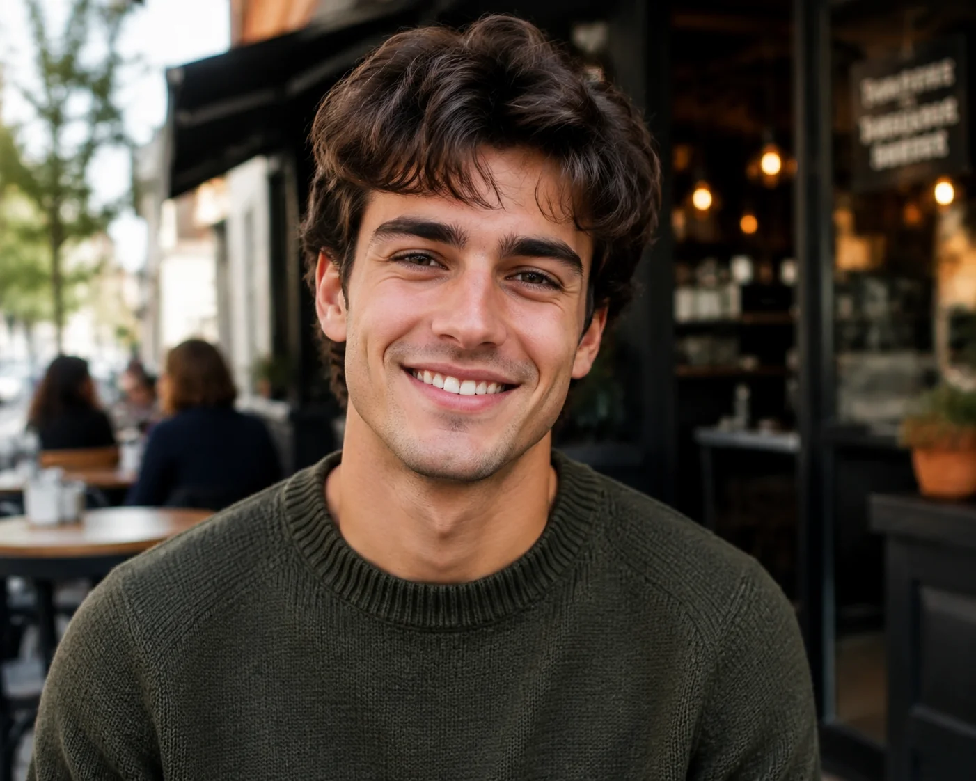 Chest-up portrait of a young man with a genuine smile outside a coffee shop, an ideal Tinder first photo example