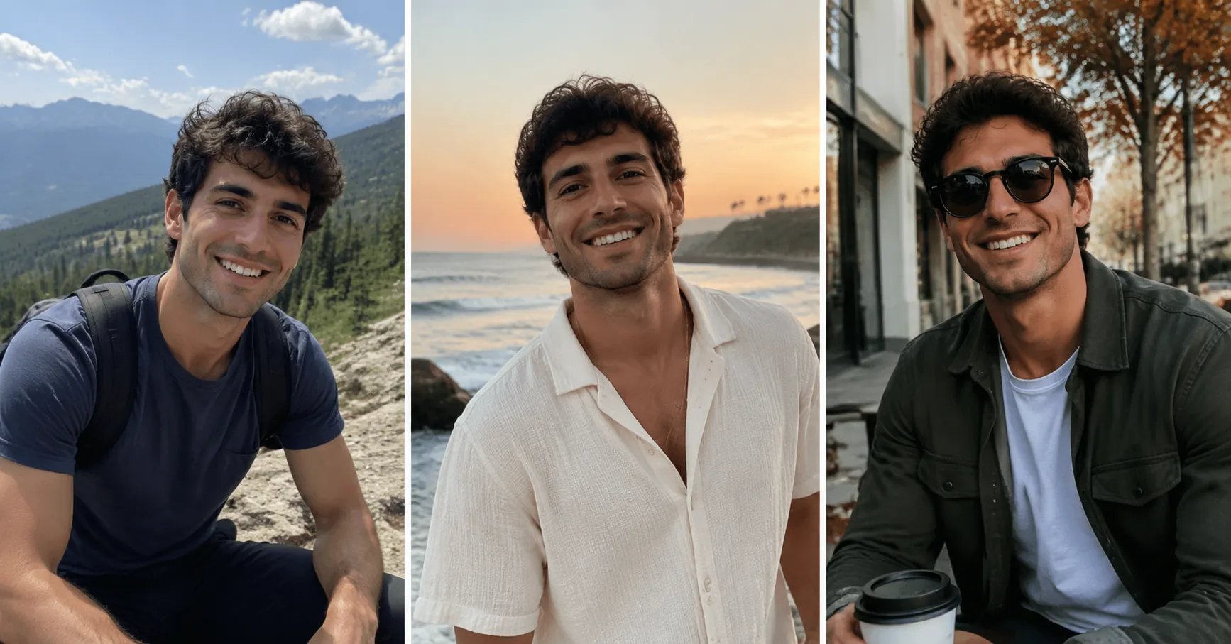 Three side-by-side first photo candidates of a young man with different backgrounds and outfits for Tinder testing