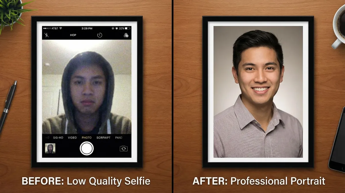 Before and after comparison showing improvement from low quality selfie to professional AI dating photo