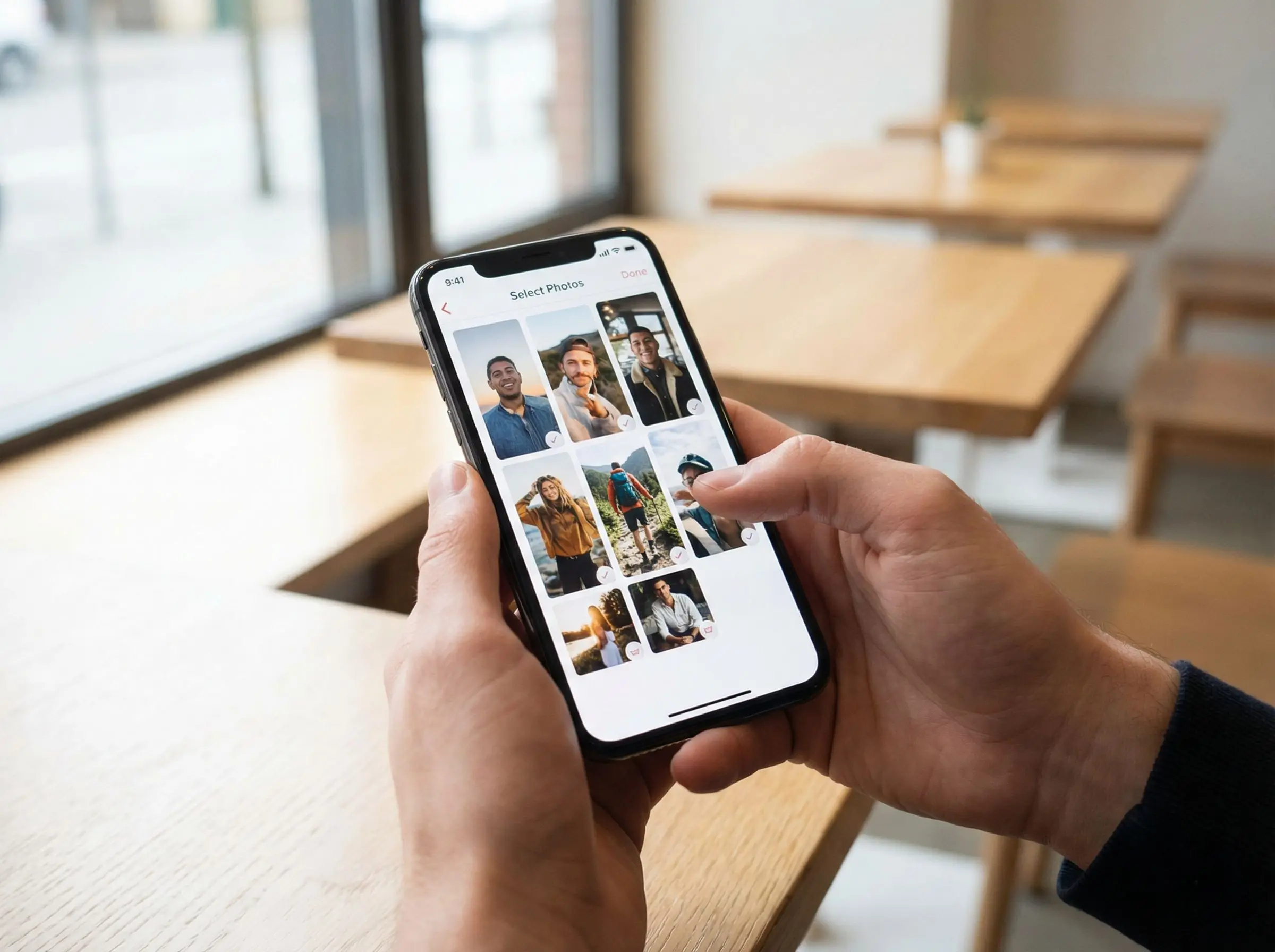 Dating app profile interface showing final photo selection and realness score review