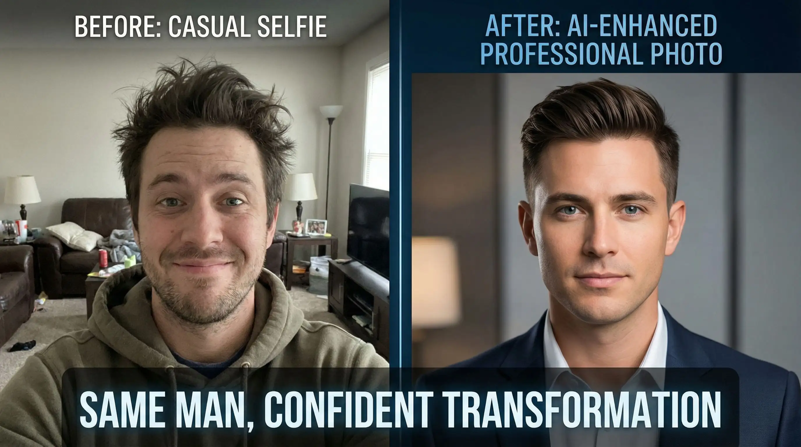 Side-by-side comparison showing transformation from casual selfie to professional AI dating photo using Flux LoRA custom training