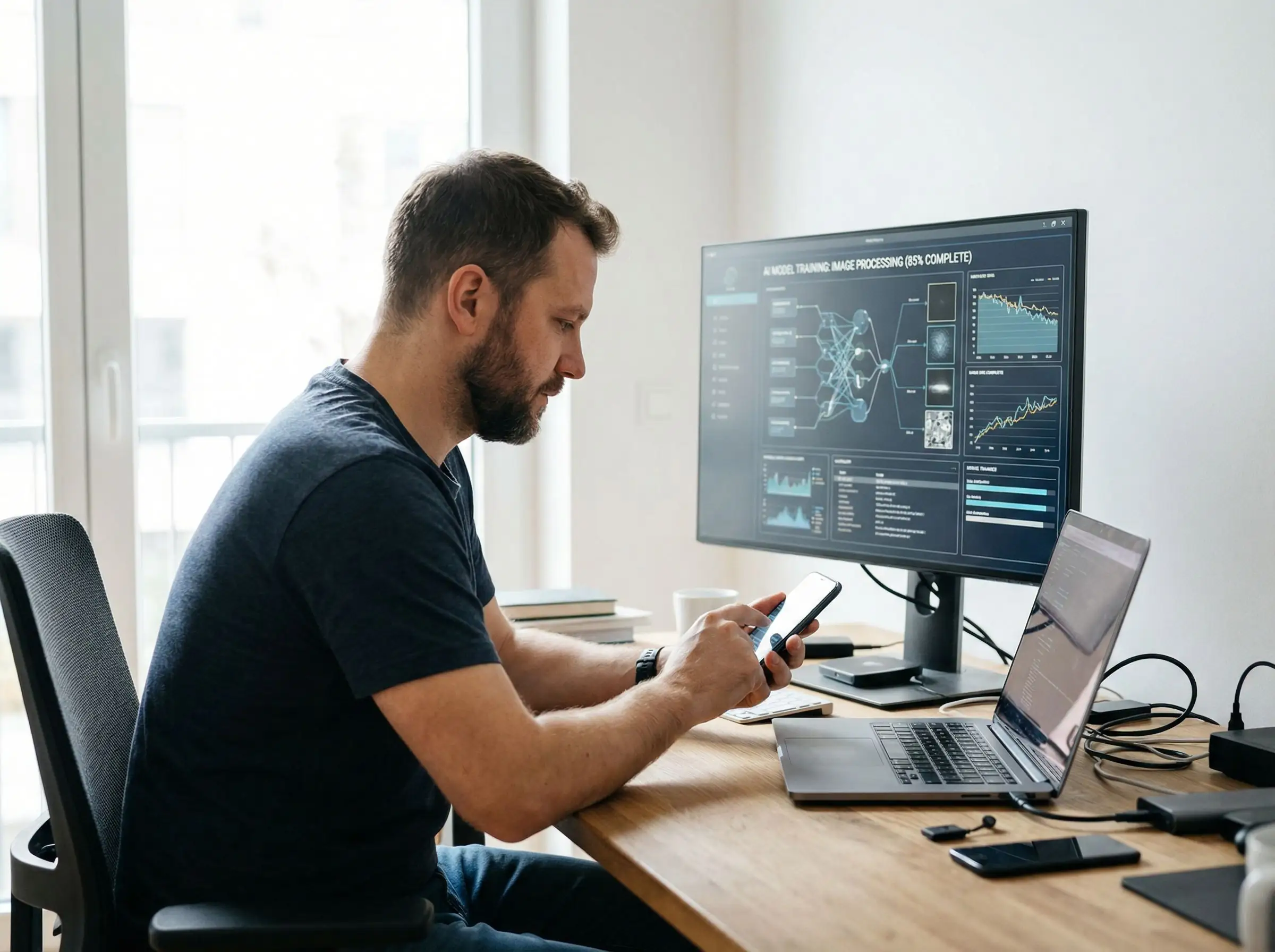 Man using smartphone to upload selfies for Flux LoRA AI training process to create personalized dating photos