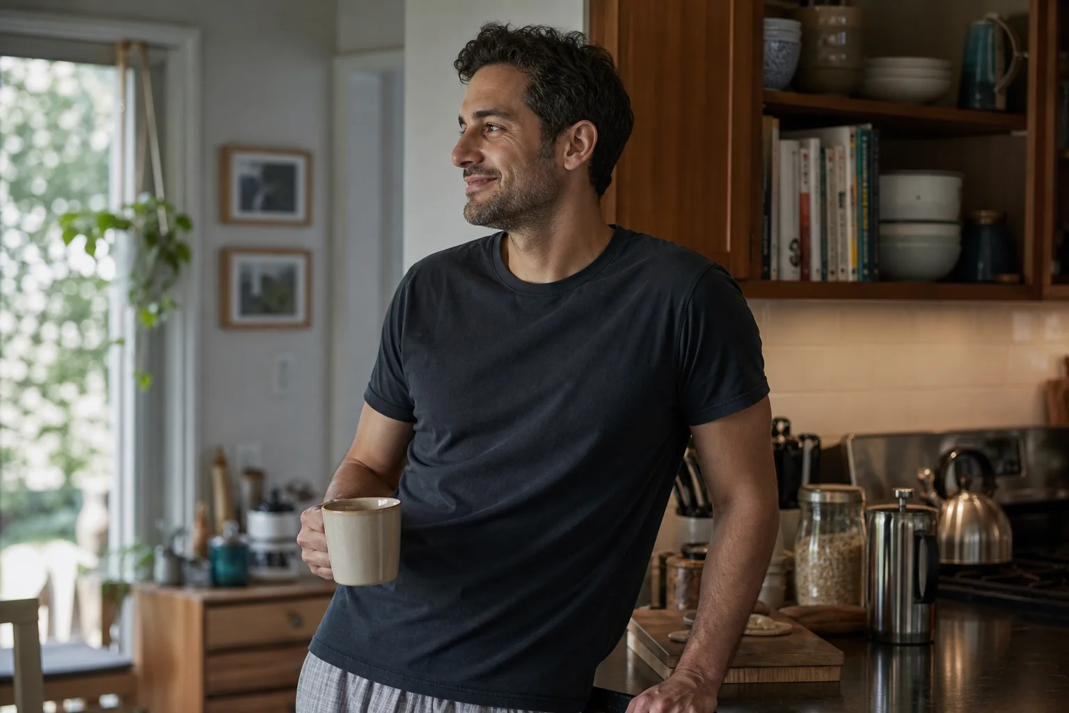 Relaxed man in his kitchen showing the approachable tone that funny Hinge prompts need to match