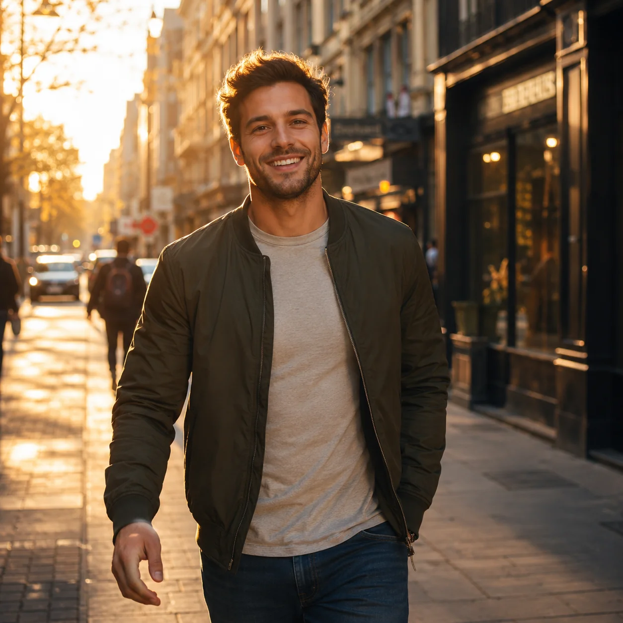 Confident man walking outdoors representing the balanced mix of humor and sincerity on a Hinge profile