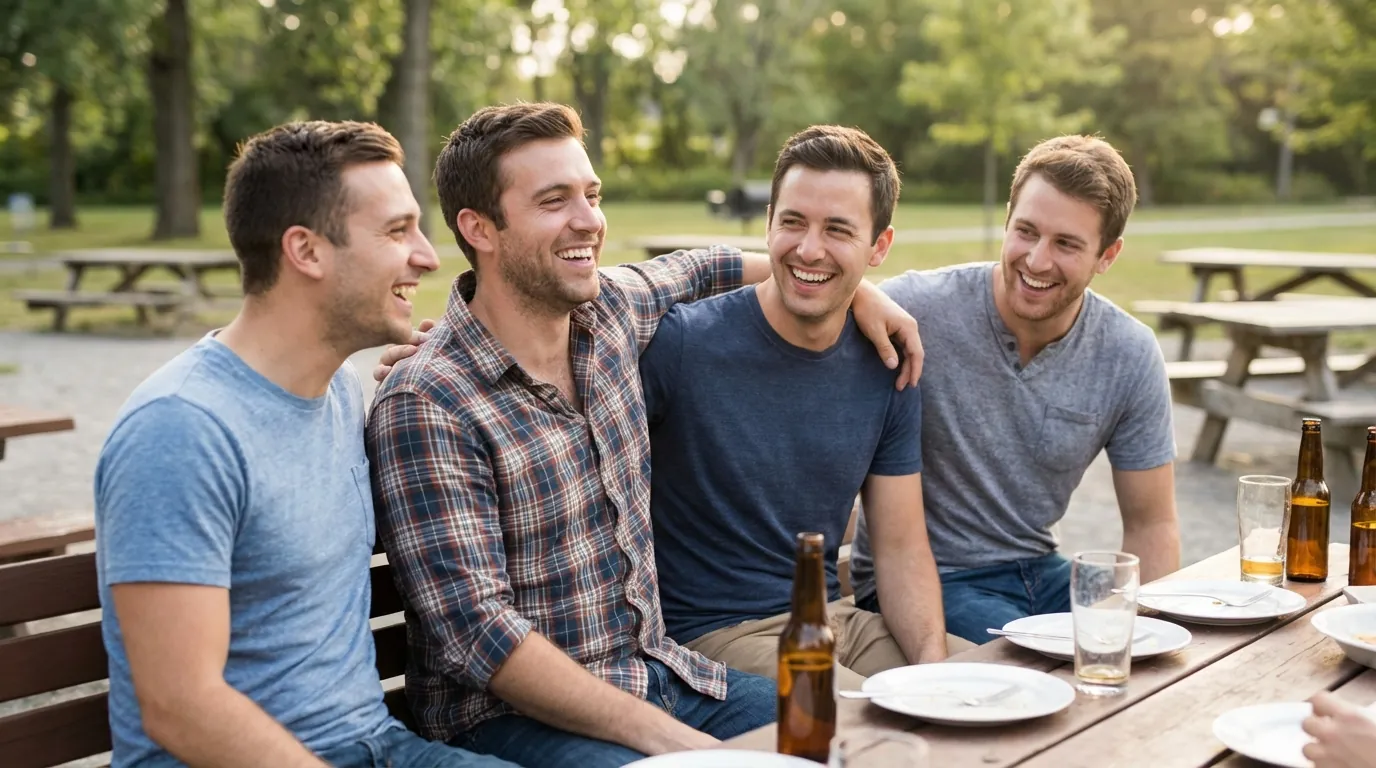 Group of male friends laughing at outdoor social event – example of a well-placed group photo that adds social proof to a dating profile