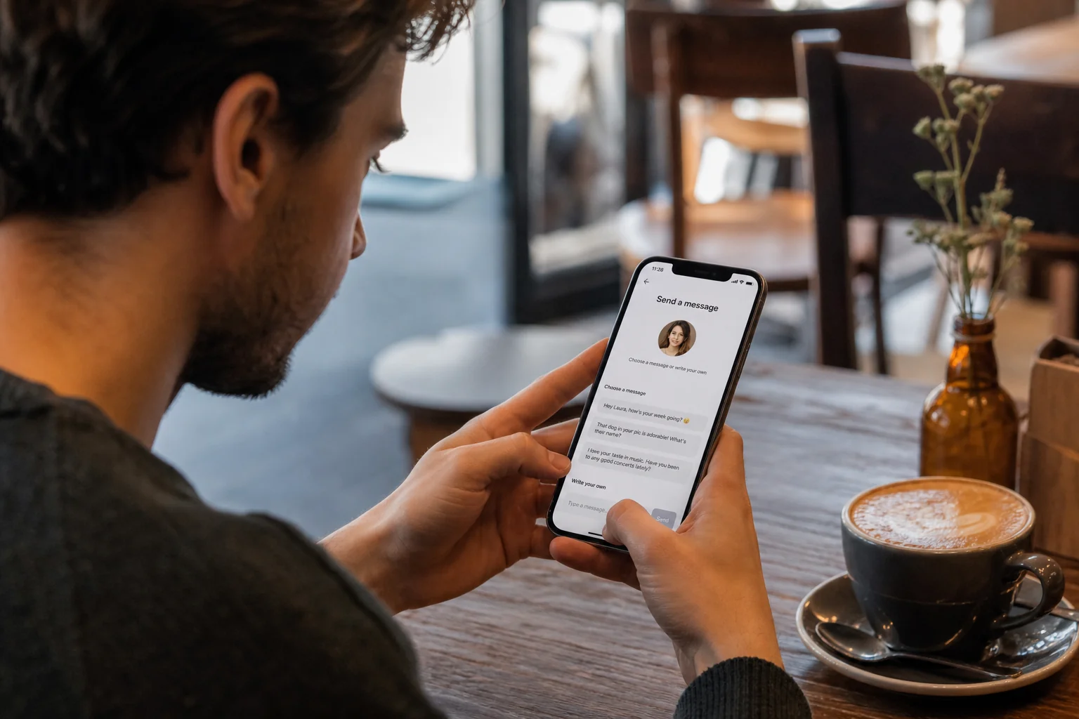 Young man comparing Hinge conversation starters before sending a first message