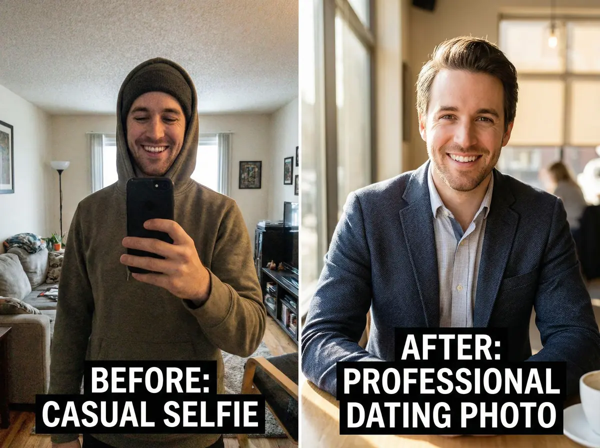 Before and after comparison showing difference between Hinge-rejected filtered photo and approved natural dating photo