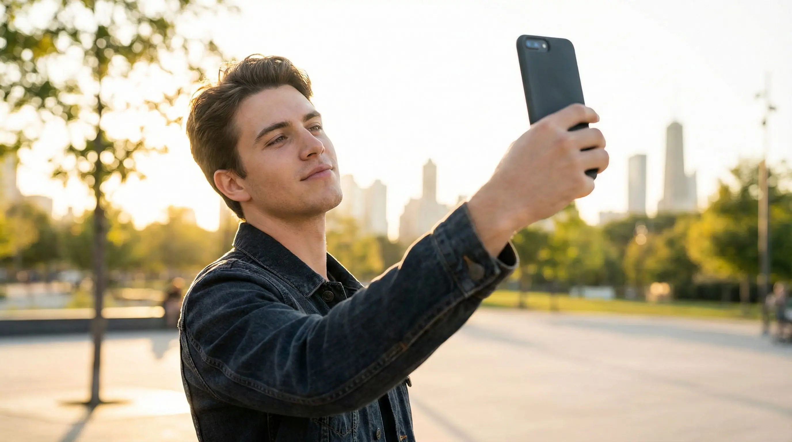 Man taking Hinge-approved dating photo with natural lighting during golden hour for best results