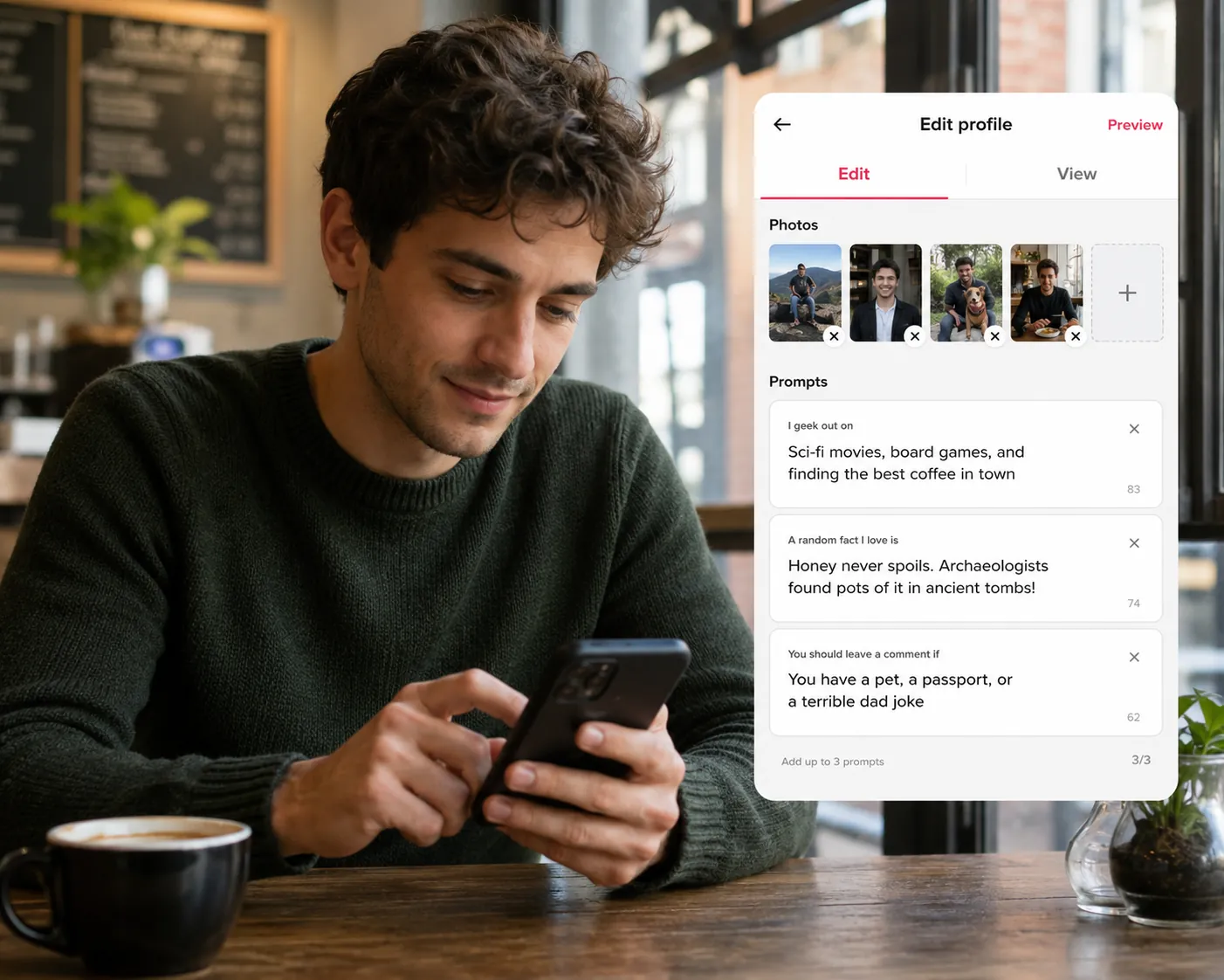 Young man editing Hinge profile prompts on his phone to signal personality and get more replies