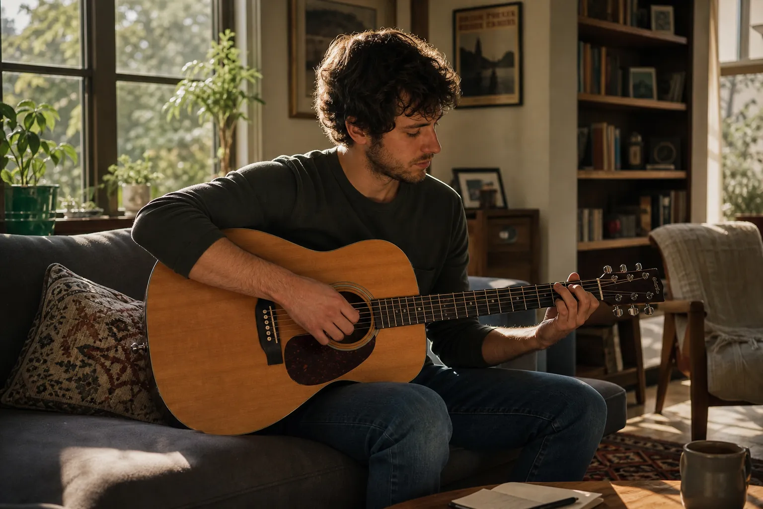 Man playing acoustic guitar in sunlit living room as a Hinge hobby photo example
