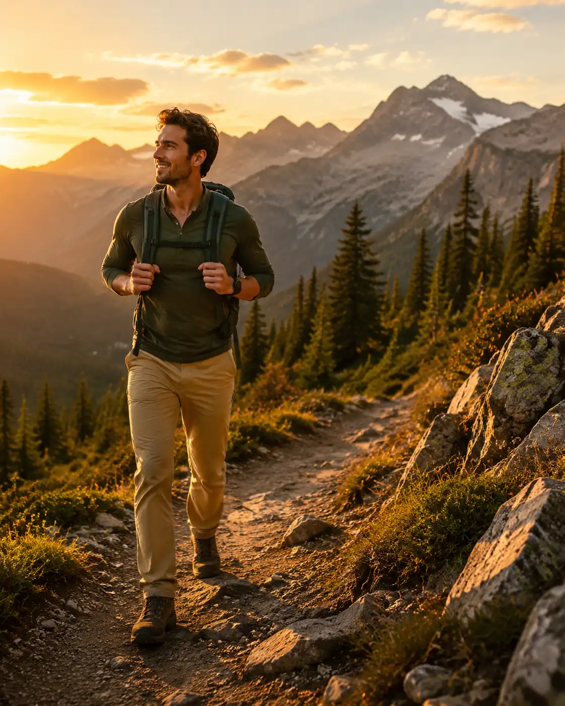 Confident man hiking a mountain trail as an example of a full-body context photo for a Hinge profile