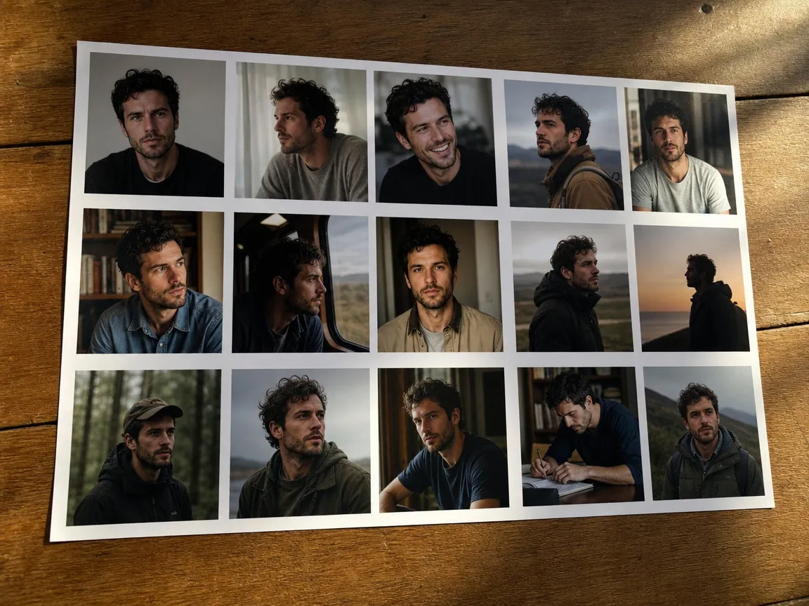 Printed contact sheet showing one man in varied poses and settings for a strong Hinge photo lineup