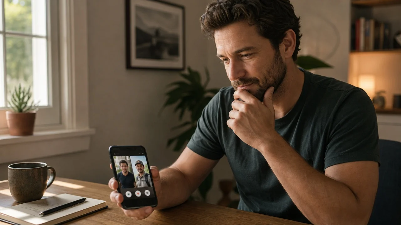 Man comparing two dating profile photo options while running his own Hinge profile review