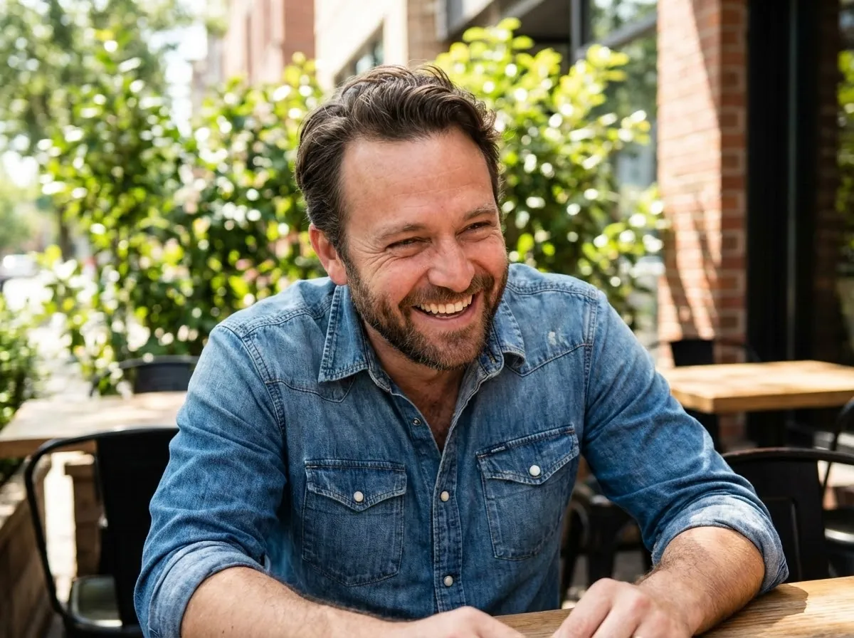 Man showing authentic personality through genuine laughter, perfect for Hinge prompt about humor and conversation