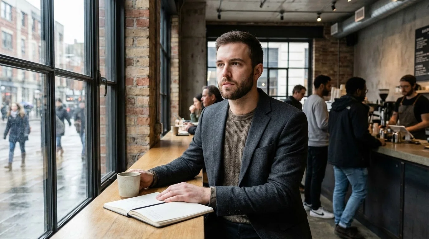 Professional man in casual coffee shop setting demonstrating lifestyle for Hinge dating profile optimization