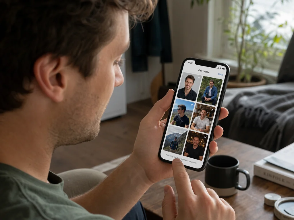 Man reviewing a varied lineup of Hinge profile photos while building a standout dating profile