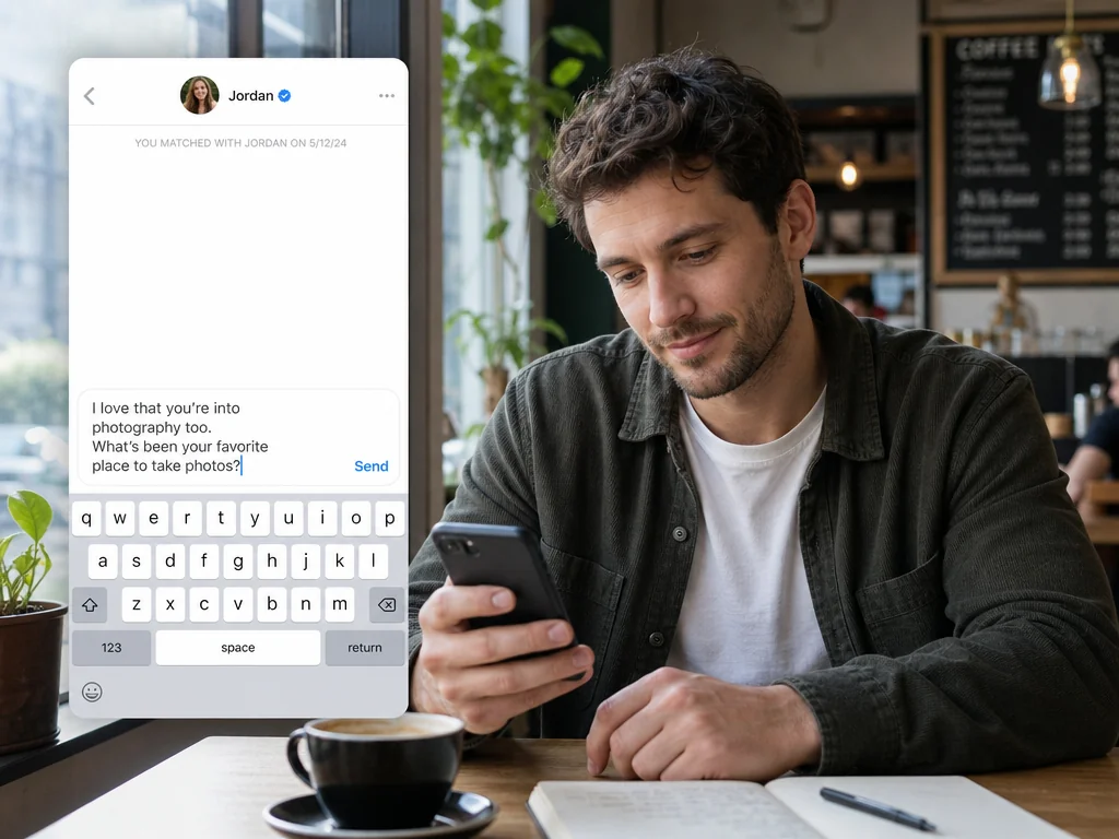 Man typing a specific first Hinge message that references a match's prompt answer to start a conversation