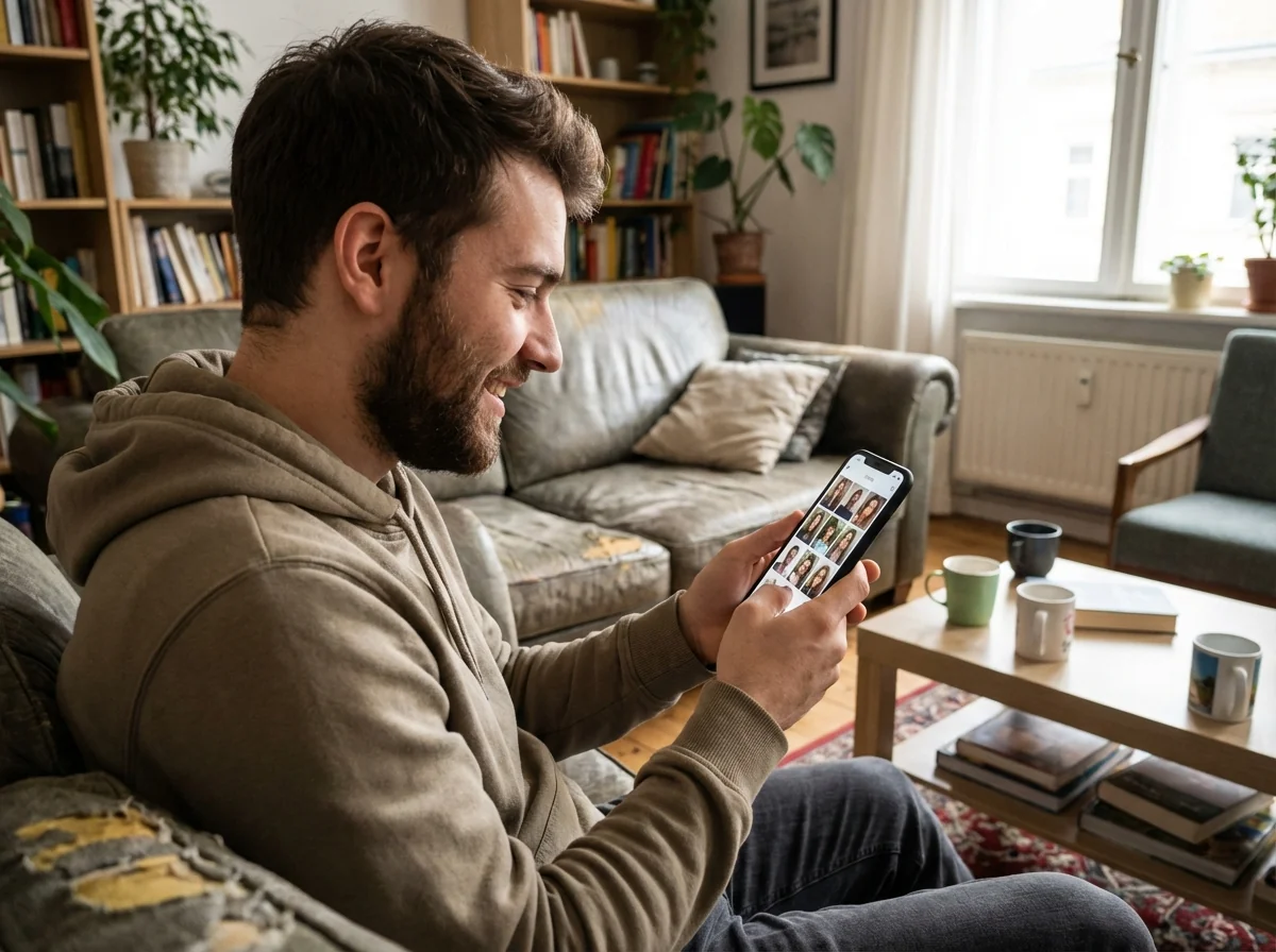 Young man browsing dating app profile showing multiple photos, planning optimal photo count strategy for Tinder and Hinge
